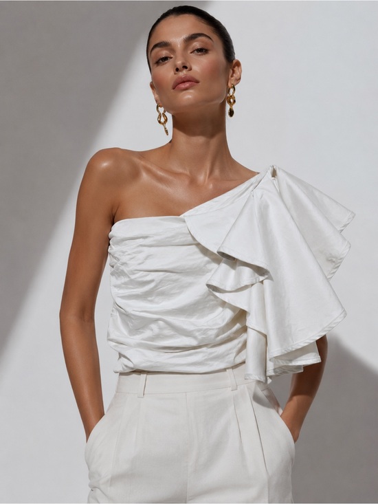 Zara Tops - Zara White One Shoulder Ruffle Top Ruched Asymmetrical Statement Chic Blouse M